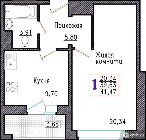 1-комнатная квартира 42,15 кв.м. Фото 1.