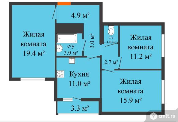 3-комнатная квартира 74,7 кв.м. Фото 1.