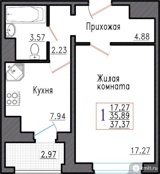 1-комнатная квартира 37,37 кв.м. Фото 1.