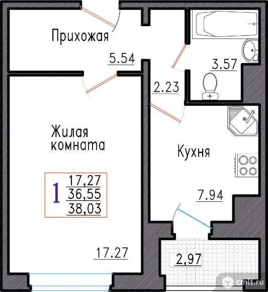 1-комнатная квартира 38,03 кв.м. Фото 1.