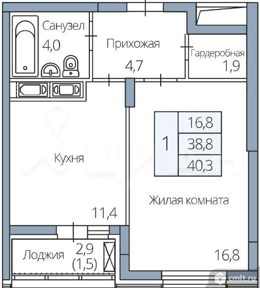 1-комнатная квартира 40,7 кв.м. Фото 1.