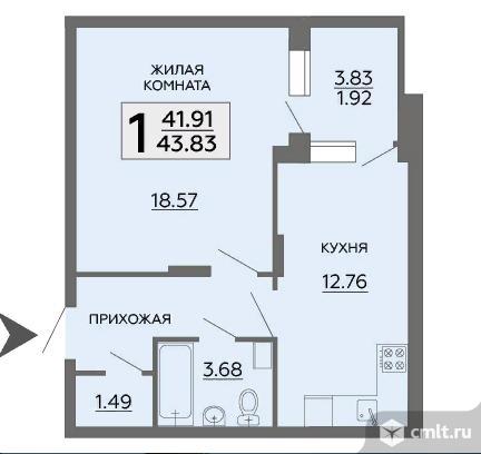 1-комнатная квартира 43,85 кв.м. Фото 1.