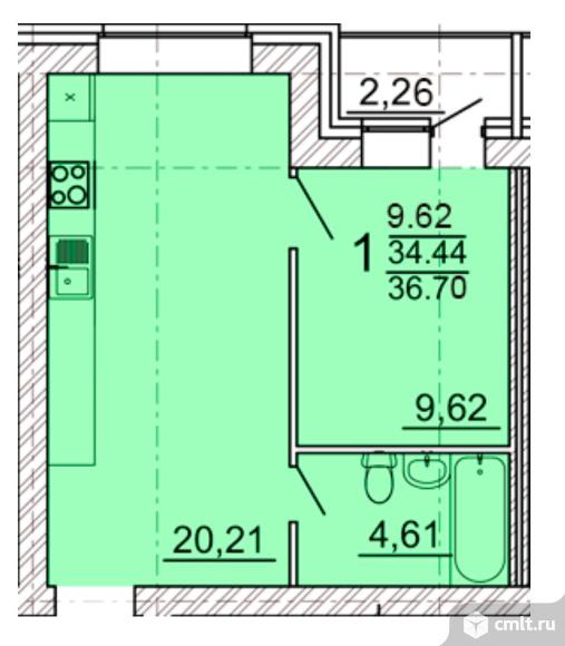 1-комнатная квартира 36,7 кв.м. Фото 1.