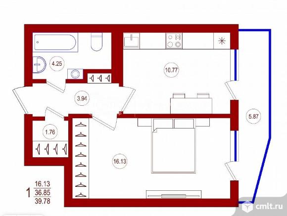1-комнатная квартира 39 кв.м. Фото 5.