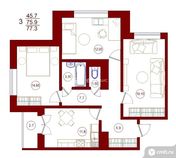 3-комнатная квартира 75,9 кв.м. Фото 9.