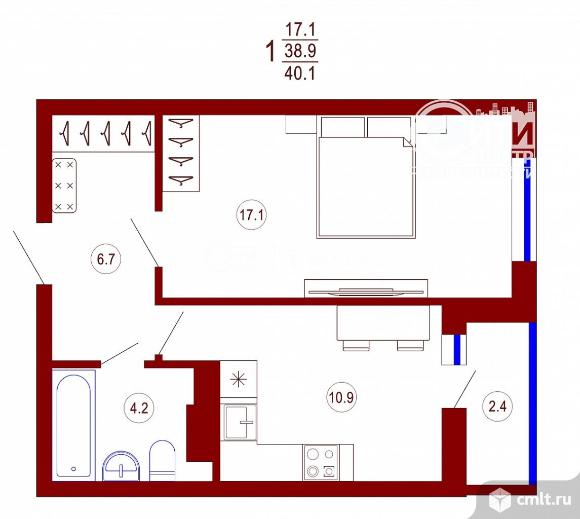 1-комнатная квартира 39 кв.м. Фото 9.