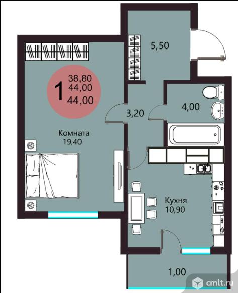 1-комнатная квартира 44 кв.м. Фото 1.