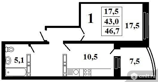 1-комнатная квартира 46,7 кв.м. Фото 16.