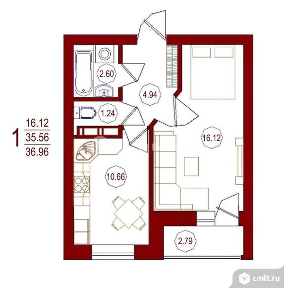 1-комнатная квартира 36,96 кв.м. Фото 10.