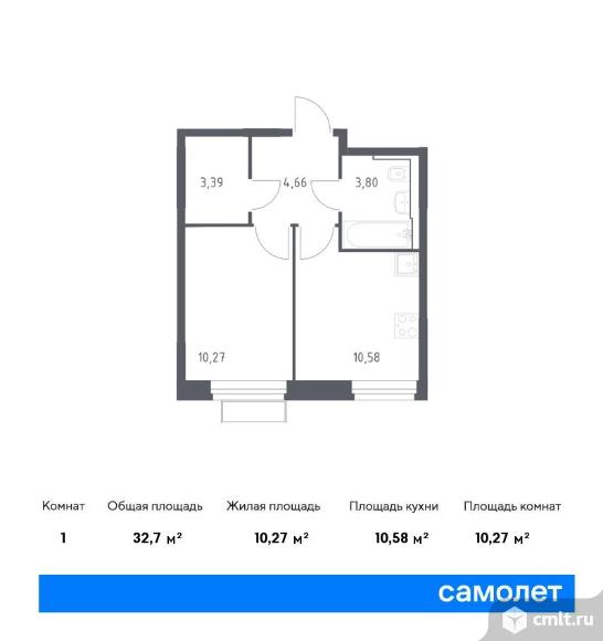 1-комнатная квартира 32,7 кв.м. Фото 1.