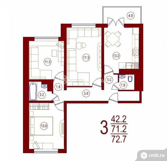 3-комнатная квартира 77,2 кв.м. Фото 6.
