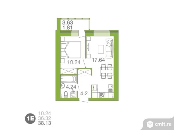 1-комнатная квартира 38 кв.м. Фото 17.