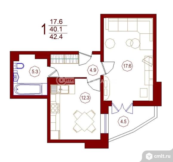 1-комнатная квартира 42,6 кв.м. Фото 6.