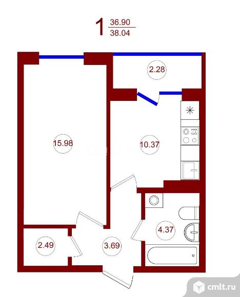 1-комнатная квартира 38,4 кв.м. Фото 12.