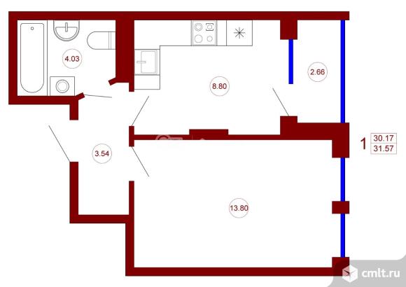1-комнатная квартира 31,57 кв.м. Фото 6.