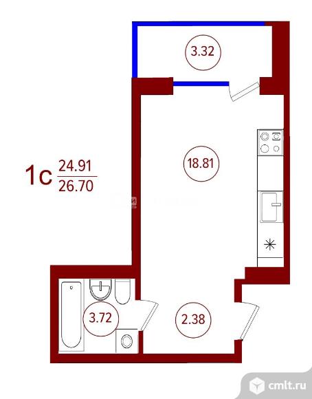 1-комнатная квартира 26,7 кв.м. Фото 6.