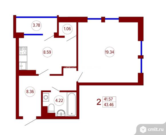 1-комнатная квартира 43,46 кв.м. Фото 6.