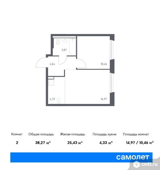 1-комнатная квартира 38,27 кв.м. Фото 1.