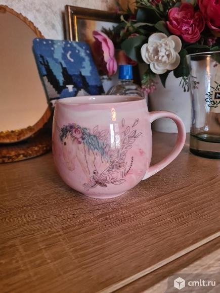 Кружка розовая перламутровая с единорогом. Керамическая. Новая.. Фото 1.