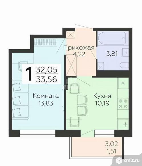 1-комнатная квартира 33,56 кв.м. Фото 5.