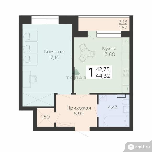 1-комнатная квартира 44,32 кв.м. Фото 1.