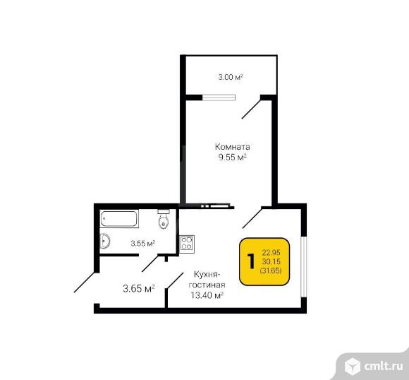 1-комнатная квартира 31,65 кв.м. Фото 1.
