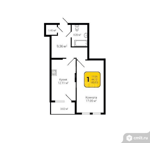 1-комнатная квартира 45,6 кв.м. Фото 1.