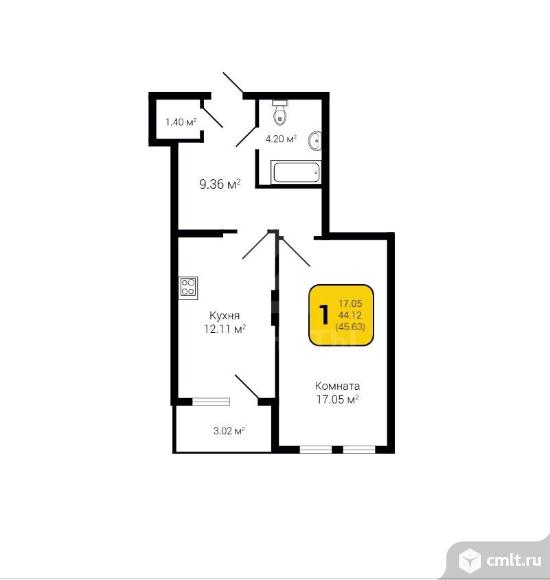 1-комнатная квартира 45,63 кв.м. Фото 5.