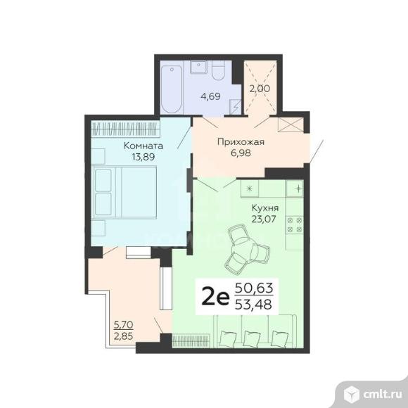 1-комнатная квартира 53,48 кв.м. Фото 1.