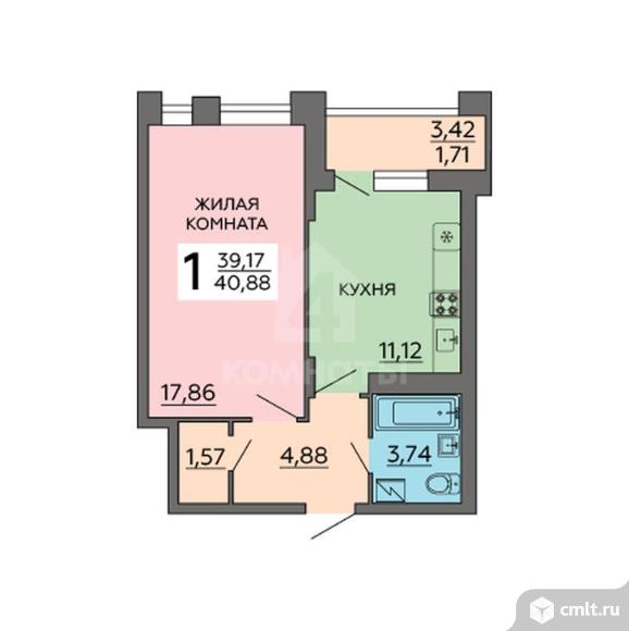 1-комнатная квартира 40,88 кв.м. Фото 1.