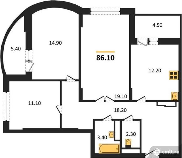 3-комнатная квартира 86,1 кв.м. Фото 5.