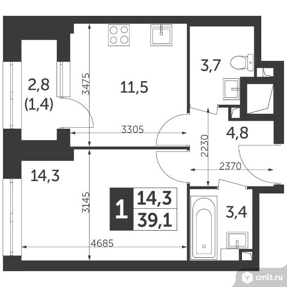 1-комнатная квартира 39,1 кв.м - ЖК «Режиссер». Фото 1.
