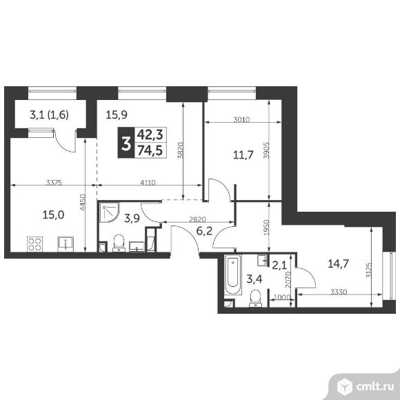 3-комнатная квартира 74,5 кв.м - ЖК «Режиссер». Фото 1.