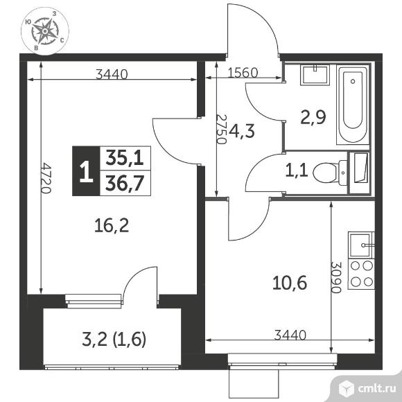 1-комнатная квартира 36,9 кв.м - ЖК «1-й Лермонтовский». Фото 1.