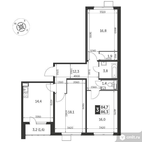 3-комнатная квартира 86,5 кв.м - ЖК «1-й Лермонтовский». Фото 1.