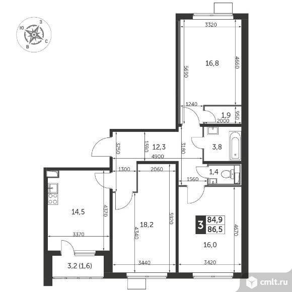 3-комнатная квартира 86,8 кв.м - ЖК «1-й Лермонтовский». Фото 1.