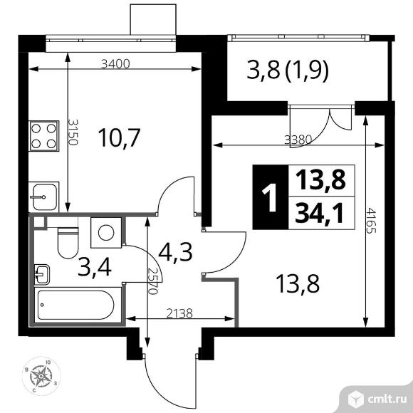 1-комнатная квартира 33,8 кв.м - ЖК «1-й Лермонтовский». Фото 1.