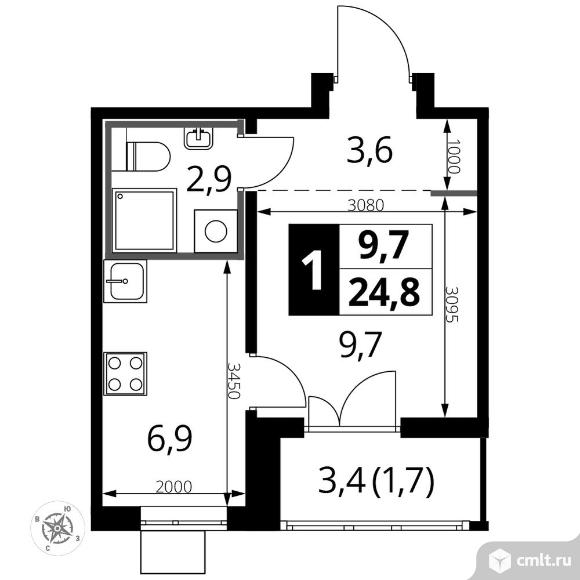 1-комнатная квартира 24,9 кв.м - ЖК «1-й Лермонтовский». Фото 1.