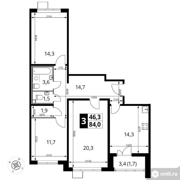 3-комнатная квартира 83,8 кв.м - ЖК «1-й Лермонтовский». Фото 1.