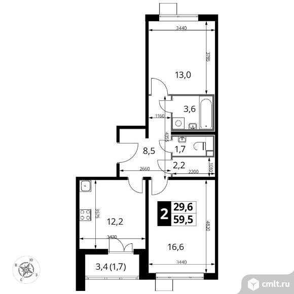 2-комнатная квартира 59,7 кв.м - ЖК «1-й Лермонтовский». Фото 1.