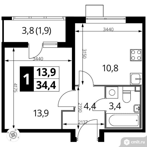 1-комнатная квартира 34,2 кв.м - ЖК «1-й Лермонтовский». Фото 1.