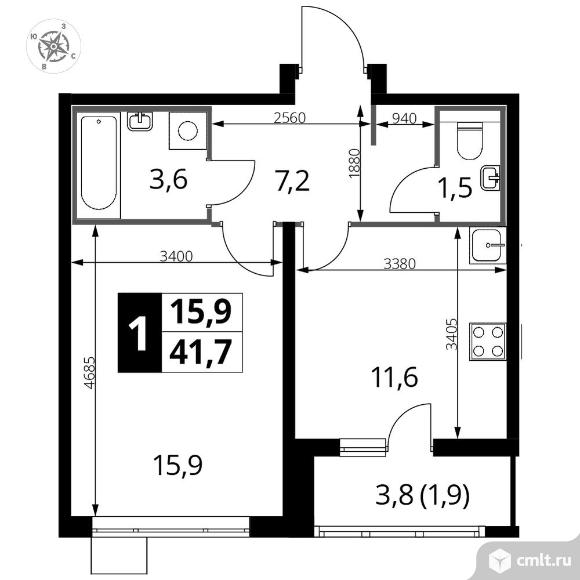1-комнатная квартира 41,6 кв.м - ЖК «1-й Лермонтовский». Фото 1.