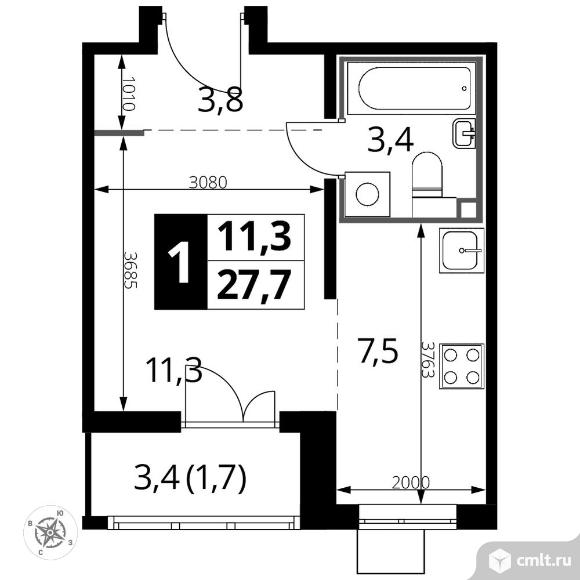 1-комнатная квартира 27,6 кв.м - ЖК «1-й Лермонтовский». Фото 1.