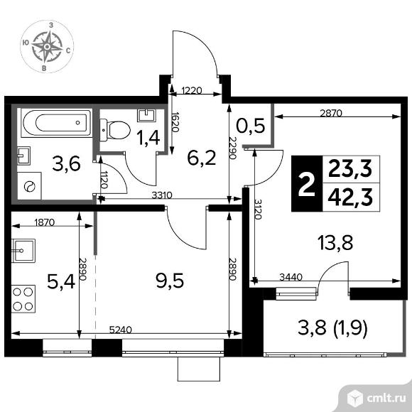 2-комнатная квартира 42,3 кв.м - ЖК «1-й Лермонтовский». Фото 1.