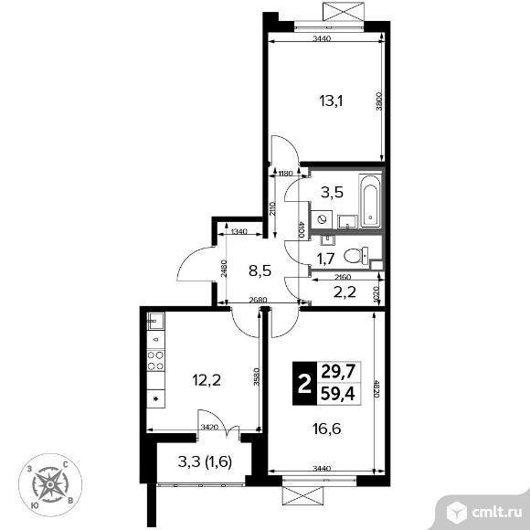 2-комнатная квартира 59,4 кв.м - ЖК «1-й Ленинградский». Фото 1.