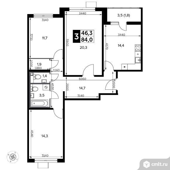 3-комнатная квартира 84,1 кв.м - Южная Битца. Фото 1.