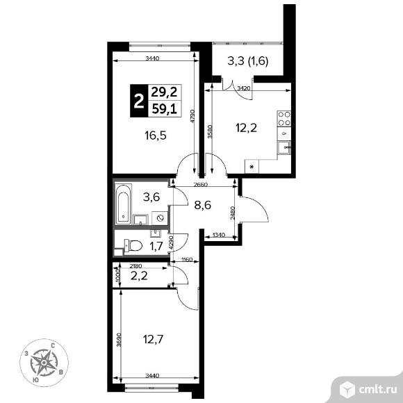 2-комнатная квартира 60,5 кв.м - Южная Битца. Фото 1.