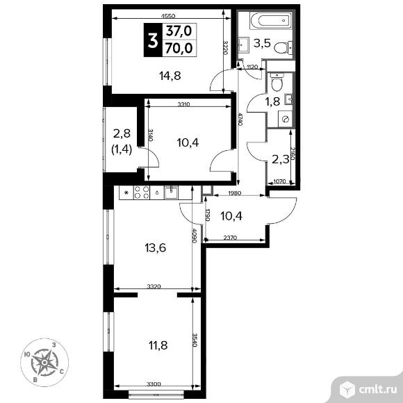 3-комнатная квартира 71,2 кв.м - Южная Битца. Фото 1.