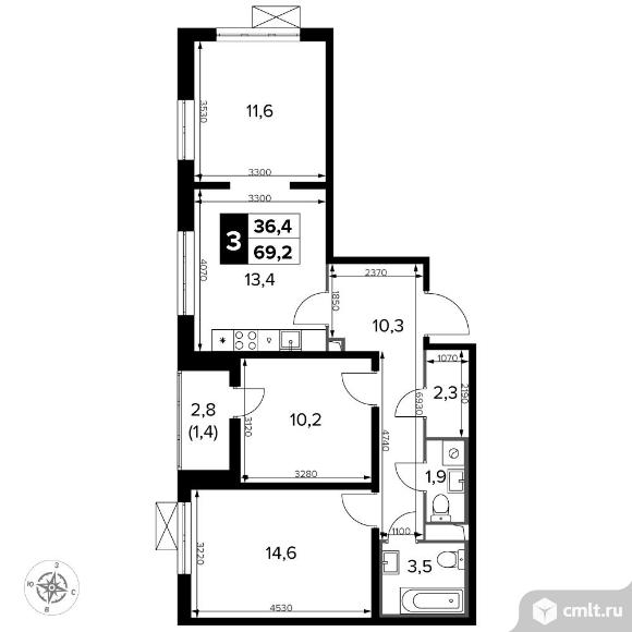 3-комнатная квартира 69,3 кв.м - Южная Битца. Фото 1.