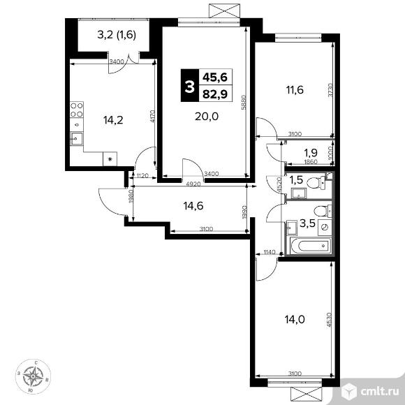 3-комнатная квартира 82,8 кв.м - Южная Битца. Фото 1.